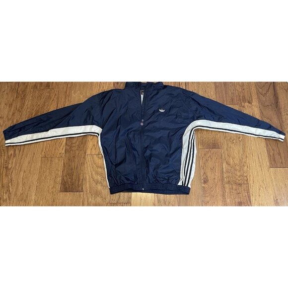 Vintage Adidas Windbreaker Nylon  Jacket Men’s Large Navy Blue 3 Stripes - Picture 2 of 9